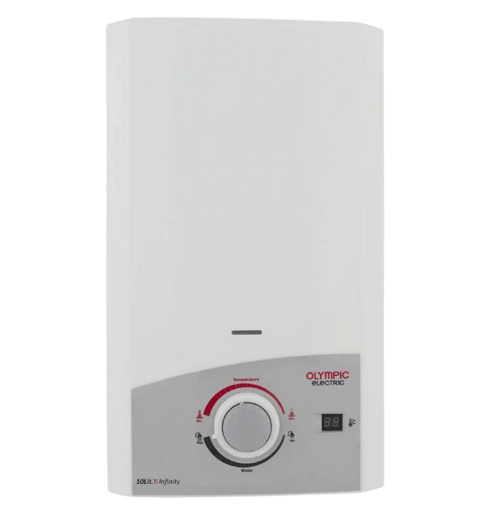 سخان غاز اولمبيك الكتريك دلتا 10 لتر انبوبه بمدخنة -ابيض- اكرتين ديجيتال