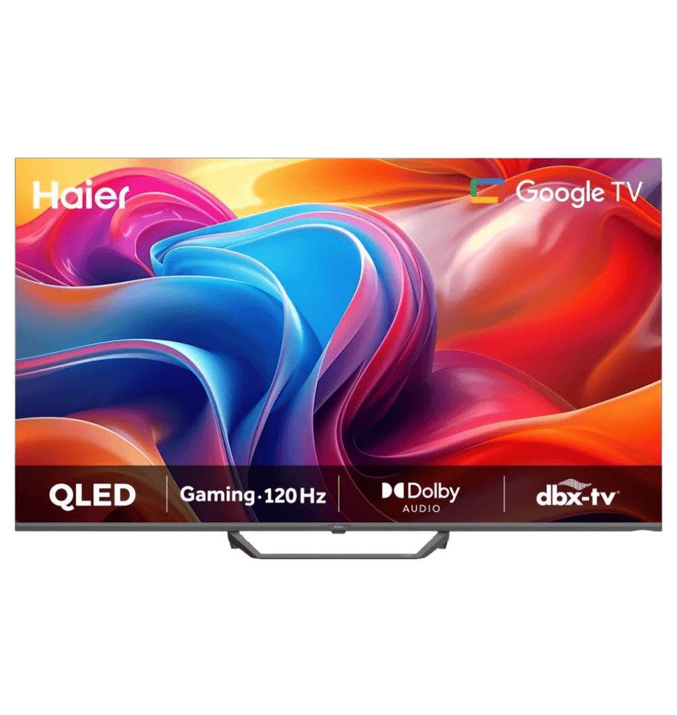 شاشه هاير 55 كيوليد سمارت 4K بدون فريم رسيفر داخلي جوجل TV تحكم صوتي بالريموت H55S80FUX