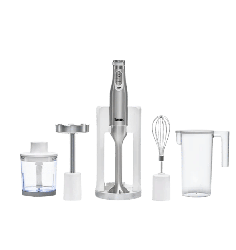 [31/004/0007] هاند بلندر تانك 1200وات 3*1 ابيض مفرمه + مضرب خفق + كبه